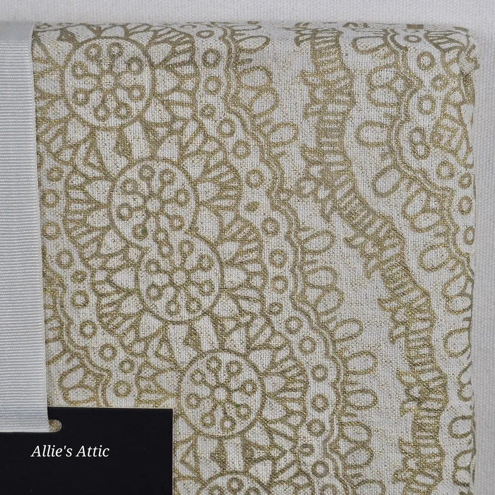 Rachel Zoe Tablecloth 60x84 New Gold White Beige Boho Floral Minimilist Cotton